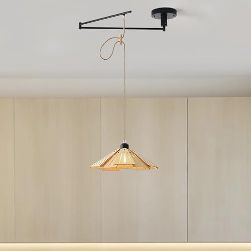 Kronleuchter Holz E27 Pendelleuchte 1 Flammig Hängeleuchte Esszimmer Lampe Modern Minimalistisch Hängelampe für Wohnzimmer Bar Kochinsel Höhenverstellbar Leuchte mit LED Warm Glühbirne (Holzfarbe) von IWANTDO