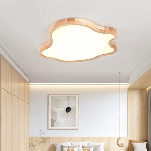 LED Deckenleuchte Holz Schlafzimmer Lampe Wohnzimmer Leuchte Dimmbar Fernbedienung 3000-6000K Modern Minimalistisch Deckenlampe für Esszimmer Wohnung Lobby Weiß Acryl Schirm (Holzfarbe, L62.5*W59) von IWANTDO