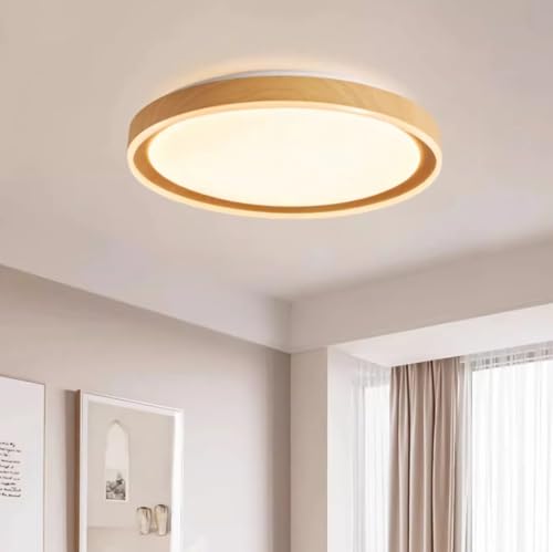 LED Deckenleuchte Schlafzimmer Lampe Wohnzimmer Leuchte Dimmbar mit Fernbedienung 3000-6000K Modern Minimalistisch Rund Deckenlampe für Esszimmer Wohnung Lobby Weiß Acryl Schirm (Holzfarbe, 40cm) von IWANTDO