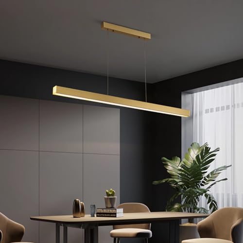 LED Pendelleuchte Dimmbar mit Fernbedienung Esszimmer Leuchte Esstisch Lampe Modern Hängeleuchte Länge Rechteckform Design Hängelampe für Bar Büro Shop Arbeitszimmer Kronleuchter (Gold, L120cm) von IWANTDO