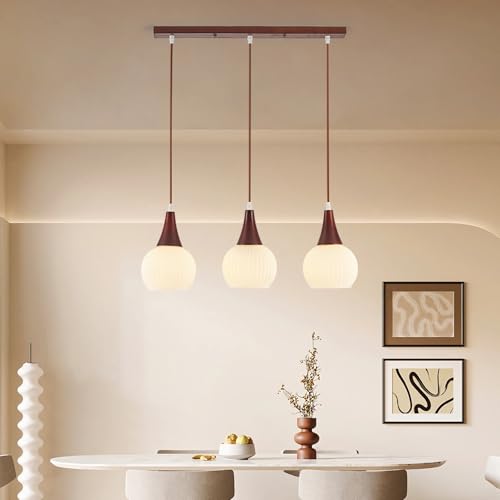 LED Pendelleuchte Holz E27 3 flammig Kronleuchter Kochinsel Hängeleuchte Esstisch Lampe Modern Hängelampe für Esszimmer Bar Büro Leuchte Weiß Glas Schirm Höhenverstellbar Länge 55cm (Walnussfarbe) von IWANTDO