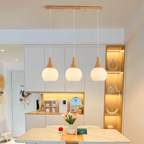 LED Pendelleuchte Holz E27 3 flammig Kronleuchter Kochinsel Hängeleuchte Esstisch Lampe Modern Hängelampe für Esszimmer Bar Büro Leuchte Weiß Glas Schirm Höhenverstellbar Länge 55cm (Holzfarbe) von IWANTDO