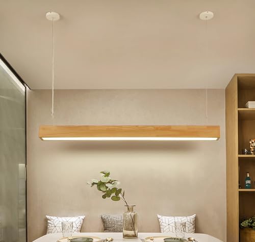 LED Pendelleuchte Holz Kochinsel Lineare Hängend Esszimmer Lampe Kronleuchter Hängeleuchte für Esstisch Küche Büro Bar Leuchte Modern Höhenverstellbar Hängelampe (Holzfarbe, 120cm, Weiß Licht) von IWANTDO