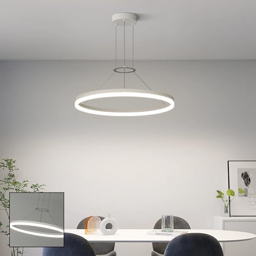 Pendelleuchte LED Hängeleuchte Modern Ring Hängend Esszimmer Lampe Dimmbar Fernbedienung Kronleuchter für Wohnzimmer Esstisch Büro Bar Leuchte Höhenverstellbar Schlafzimmer Hängelampe (Weiß, 60cm) von IWANTDO