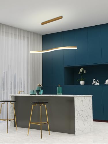 Pendelleuchte LED Hängend Esszimmer Lampe Linear Kronleuchter Dimmbar mit Fernbedienung Hängeleuchte Modern Hängelampe für Kochinsel Esstisch Büro Leuchte Höhenverstellbar Weiß Schirm (Gold, 120cm) von IWANTDO