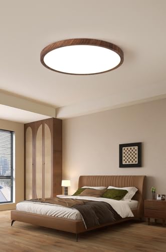Retro Deckenleuchte Schlafzimmer Lampe Rund Walnussfarbe Wohnzimmer Leuchte LED Dimmbar Fernbedienung Vintage Rustikal Minimalistisch Deckenlampe für Esszimmer Lobby Wohnung Weiß Acryl Schirm (50cm) von IWANTDO
