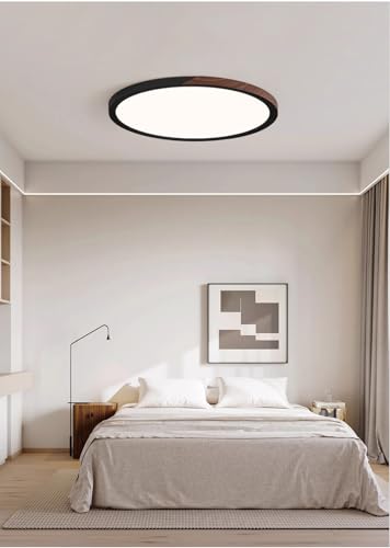 Retro Deckenleuchte Schlafzimmer Lampe Schwarz Walnussfarbe Wohnzimmer Leuchte LED Dimmbar Fernbedienung Vintage Rustikal Minimalistisch Rund Deckenlampe für Esszimmer Lobby Weiß Acryl Schirm (40cm) von IWANTDO