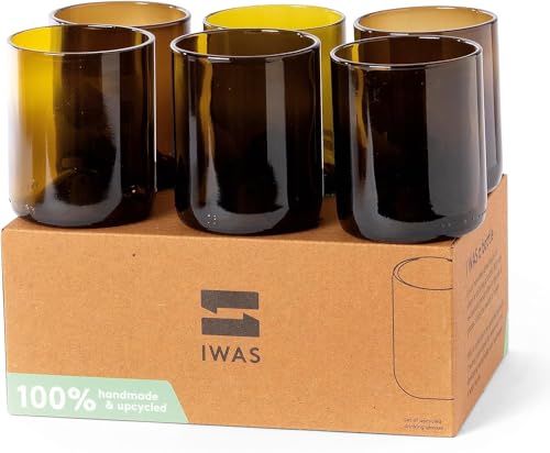 IWAS Upcycled Olive Trinkgläser | 250ml | 8oz | 6er Set | Nachhaltige Wassergläser | Umweltfreundliche Braungläser für Zuhause | Recycelte Glasbecher von IWAS