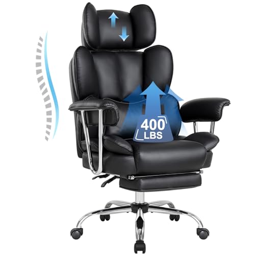 IWMH Bürostuhl Ergonomischer 200KG, PU Leder Chefsessel mit Fußstütze, Drehstuhl mit Armlehnen und Kopfstütze, hoher Rückenlehne, Höhenverstellbarer(Schwarz) von IWMH