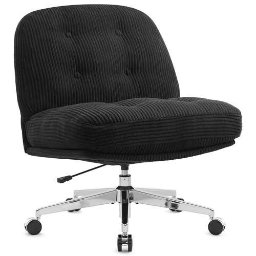 IWMH Bürostuhl ohne Armlehnen, Breiter und Dicker Drehstuhl mit Rollen,Höhenverstellbar Schreibtischstuhl mit Kordsamt, Ergonomischer Stuhl, Lesesessel zum Sitzen im Schneidersitz (Schwarz) von IWMH