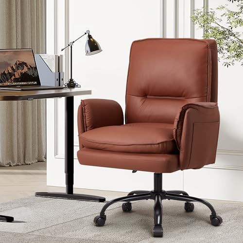 IWMH Bürostuhl, PU Leder Ergonomischer Schreibtischstuhl, Verdickte Kissen Breiten Sitz Chefsessel mit Rollen,90-135° Reclining Drehstuhl Schminktisch Stuhl Höhenverstellbarer mit Armlehne (Braun) von IWMH