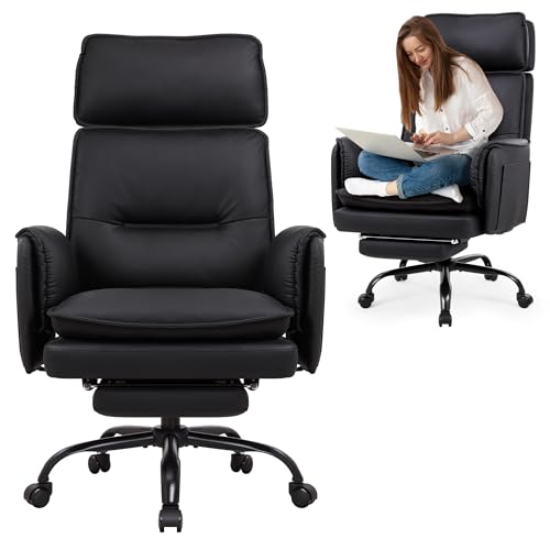 IWMH Ergonomischer Bürostuhl 227kg, XXL Kunstleder Chefsessel mit Fußstütze Schreibtischstuhl mit höhenverstellbare Kopfstütze,135° Neigefunktion,Drehstuhl Wippfunktion für Homeoffice,Gaming (Schwarz) von IWMH