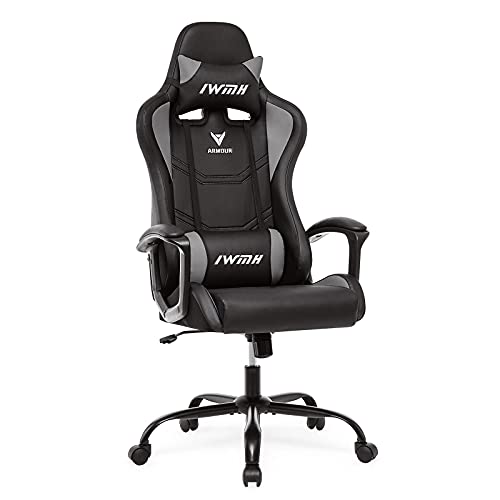 IWMH Gaming Stuhl, Ergonomischer Computerstuhl mit Hoher Rücklehne, Höhenverstellbarer Drehstuhl, Racing Stuhl mit Armlehnen, Verstellbarer Kopfstütze und Lendenstütze (Grau) von IWMH