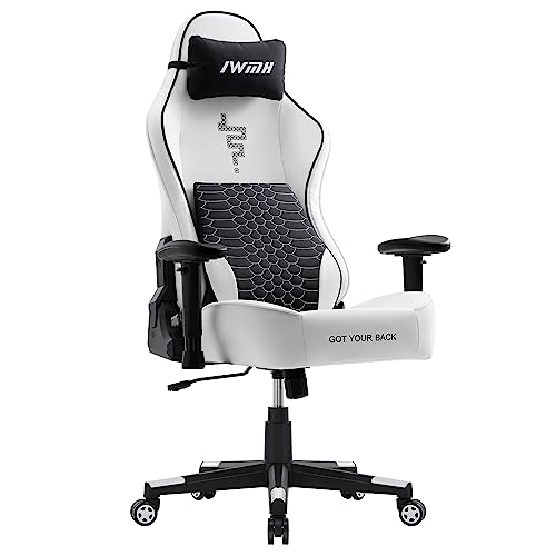 IWMH Gaming Stuhl - Ergonomischer Bürostuhl Schreibtischstuhl mit 3D-Lordosenstütze, Racing Sessel Computerstuhl Rückenlehne Verstellbarer Drehsessel, Höhenverstellbarer (Weiß) von IWMH