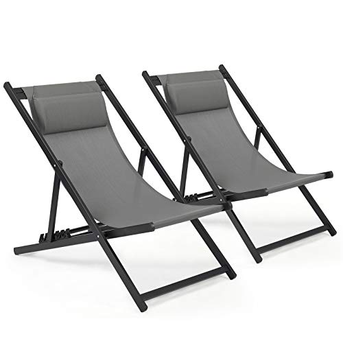 Mondeer Sonnenliege 2er Set, klappbarer Liegestuhl mit Kopfstütze und Verstellbarer Rückenlehne für Garten Pool Terrasse, Belastbarkeit 130kg, W104 x D58 x H95cm, Dunkelgrau von Mondeer