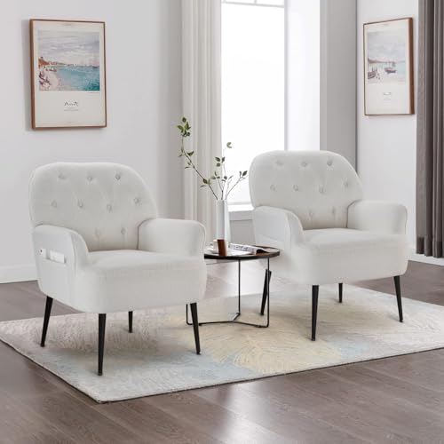 IWMH Sessel Schlafzimmer Wohnzimmer, Kunstfell Loungesessel Bequemer mit Armlehnen und Einer Seitentasche, stühle Gemütlich, polstersessel Lesesessel mit Metallbeinen (Weiß*2) von IWMH