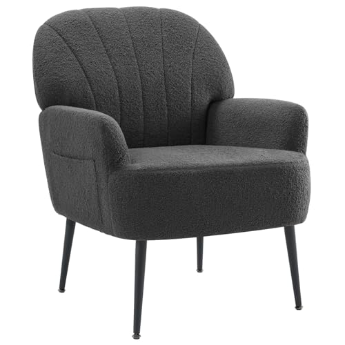 IWMH Sessel Schlafzimmer Wohnzimmer, Kunstfell Loungesessel Bequemer mit Armlehnen und Einer Seitentasche, stühle Gemütlich, polstersessel Lesesessel mit Metallbeinen (Grau) von IWMH