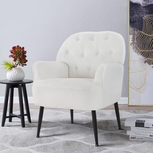 IWMH Sessel Wohnzimmer Schlafzimmer, Lazy Lounge Cocktailsessel Bequemer mit Armlehnen und Einer Seitentasche, Teddy Stoffe Modern dreh Polster Lesesessel mit Metallbeinen (Weiß) von IWMH