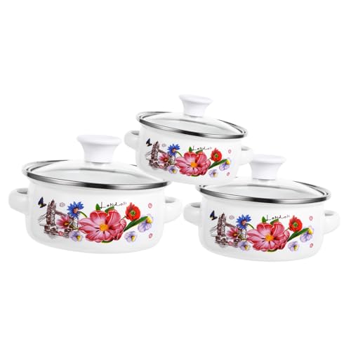 IWOWHERO 3Stücke Teiliges Emaille Suppentopf mit Doppeltgriffen Dekorativer Flacher Boden Kochtopf für Suppen Instant-nudeln und Eintöpfe Stilvolles Küchengeschirr mit Blumenmotiv von IWOWHERO