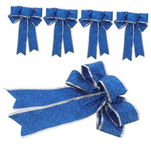 IWOWHERO 5 Stück Große Glitzernde Weihnachtsbaum Schleifen aus Stoff Blaue Geschenkband Schleifen für Weihnachtsbaum Tür und Tischdeko Fertige Knotenbänder für Festliche Geschenkverpackung von IWOWHERO