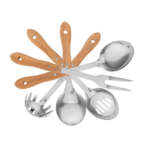 IWOWHERO 5 Stück Teiliges Küchenbesteck Servierlöffel Schöpflöffel Salatgabel mit Bambusgriff Ergonomisch Hitzebeständig Spülmaschinenfreundlich für Camping und Haushalt von IWOWHERO
