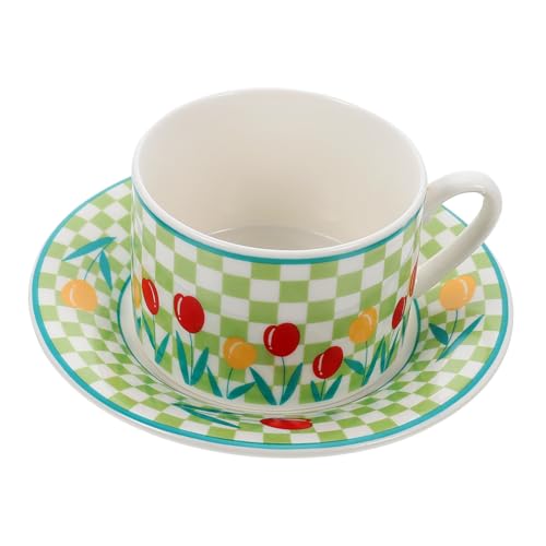 IWOWHERO Vintage Keramik Kaffeetasse mit Untertasse Grün Kariert Tulpenform mit Anti heißem Griff Spülmaschinenfest Leicht und Elegant für Haushalt und Büro Klassisches Teegeschirr von IWOWHERO