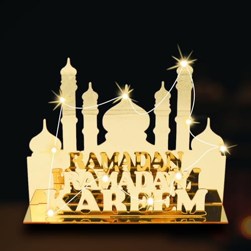 IWTBNOA Acryl Eid Mubarak Tischdekoration mit Lichterkette, LED Muslim Ramadan Lichter, Ramadan Dekoration LED Lamp, Muslimisches Festival Islamisches Dekor für Eid Mubarak LED Geschenk Zuhause von IWTBNOA