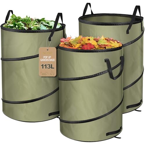 IWTTWY 3x 113L Pop Up Gartensäcke, Selbstaufstellend Gartenabfallsack Extra Stabil, Laubsack Robust & Faltbar, Premium Gartensack Oxford, Gartensäcke Grünabfall für Gras Laub Hecke von IWTTWY