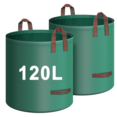 IWTTWY Gartenabfallsack 2x 120L, Wiederverwendbar Gartensack mit 4 Griffe Stabil Robust & Faltbar, Garten Sack Laubsack, Groß Abfallsack für Gras Laub Hecke Gartenabfall aus Polypropylen von IWTTWY
