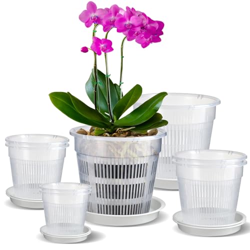 IWTTWY 8 Stück Transparenter Orchideentopf, Kunststoff-Pflanztöpfe mit Ablaufloch und Tablett, Zimmerpflanzentöpfe für Orchideen-Umtopf-Set, Samen-Sämling-Töpfe für Wurzelwachstum (11/14/16/19cm) von IWTTWY