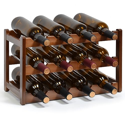 IWTTWY Weinregal aus Bambus, Flaschenregal für 12 Flaschen, Stabilem Weinflaschenregal mit 3 Ebenen, Holz Getränkeregal Einfach Anzubringen, Horizontaler Weinflaschenhalter, L43x W23.5X H25 cm von IWTTWY