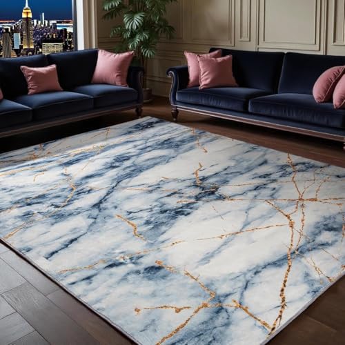 Abstrakter waschbarer Teppich, rutschfest, niedriger Flor, abstrakt, waschbar, in Blau, Teppich für Wohnzimmer, Schlafzimmer, Esszimmer (150 x 210 cm) von IXEHOH