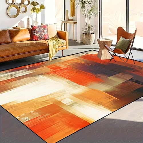 IXEHOH Abstrakter Teppich – maschinenwaschbar, orange-Beiger geometrischer Musterteppich, großer Wohnzimmerteppich, weicher Schlafzimmerteppich (152 x 213 cm) von IXEHOH