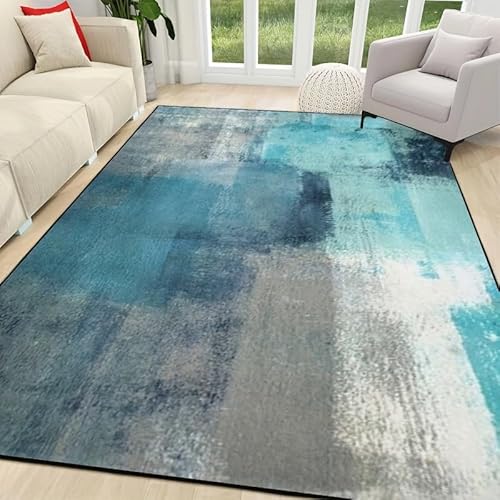 IXEHOH Blaugrüne und graue Teppiche, waschbarer großer Teppich für das Wohnzimmer, ultraweiche, rutschfeste Schlafzimmerteppiche, abstrakte Bauernhaus-Teppiche (140 x 200 cm) von IXEHOH