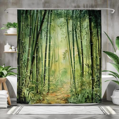 IXEHOH Duschvorhang „Tranquil Bamboo Path“,Natur-Badezimmerdekor,Duschvorhang aus Polyestergewebe mit 12 Kunststoffhaken,200 x 235 cm (B x H) von IXEHOH