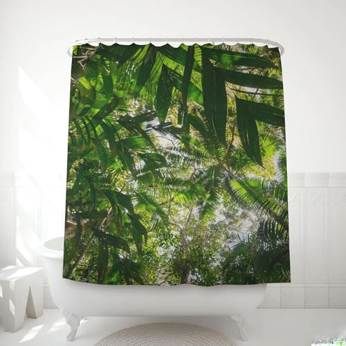 IXEHOH Duschvorhang aus Stoff mit grünen Blättern und Pflanzendruck,Badezimmervorhang,waschbar,Frühling,moderner Duschvorhang im Landhausstil,120 x 220 cm (B x H) mit 12 Haken von IXEHOH