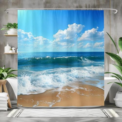 IXEHOH Duschvorhang mit Meeresmotiv,Badevorhang-Dekor mit blauem Meer,Badezimmervorhänge aus Polyestergewebe,Küstenstil,maschinenwaschbar,80 x 160 cm (B x H) von IXEHOH