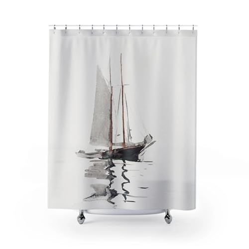 IXEHOH Duschvorhang mit Segelboot-Motiv,Badezimmerdekor mit Meeresküstenmotiv,maritimer minimalistischer Duschvorhang aus weißem Polyestergewebe mit 12 Haken,135 x 190 cm (B x H) von IXEHOH
