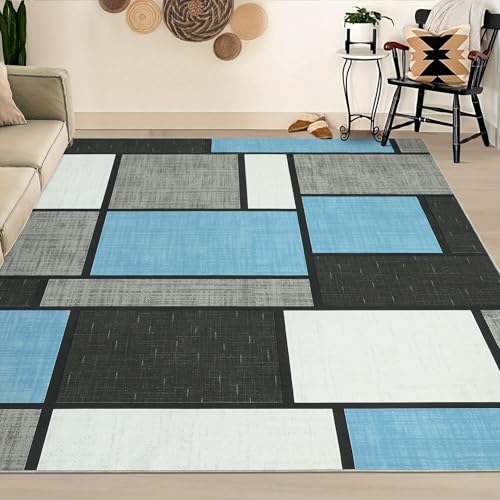 IXEHOH Hellblauer geometrischer Teppich – weicher, maschinenwaschbarer, Rutschfester moderner Bauernhausteppich für die Heim- und Bürodekoration (150 x 180 cm) von IXEHOH