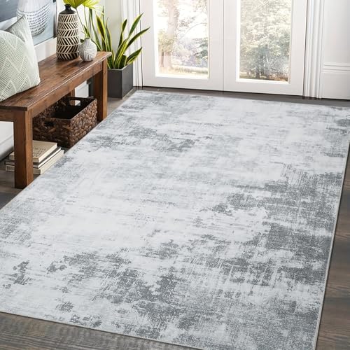IXEHOH Moderner, maschinenwaschbarer Teppich, grauweißer Teppich mit niedrigem Flor, rutschfest, fusselfrei, für Schlafzimmer und Wohnzimmer (150 x 180 cm) von IXEHOH