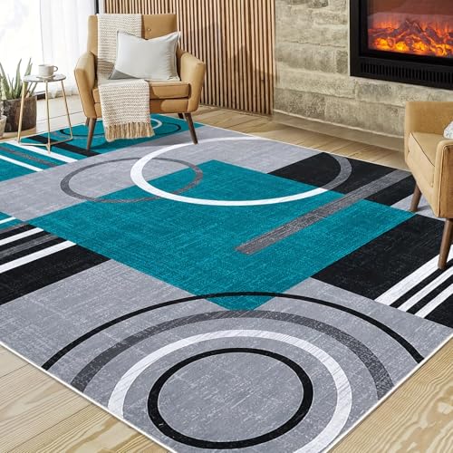 IXEHOH Moderner Abstrakter Teppich – Blau, Grün, Grau, Schwarz, Weiß, Kurzflor-Teppich, maschinenwaschbar, rutschfeste Gummirückseite, Bodenteppich (152 x 213 cm (59,84 x 83,86 Zoll)) von IXEHOH