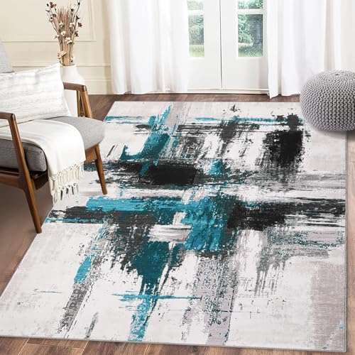IXEHOH Moderner Abstrakter maschinenwaschbarer Teppich – Rutschfester, niedrigfloriger, weicher Polyesterteppich in Blaugrün und Grau für Badezimmer und Wohnzimmer (50 x 140 cm) von IXEHOH