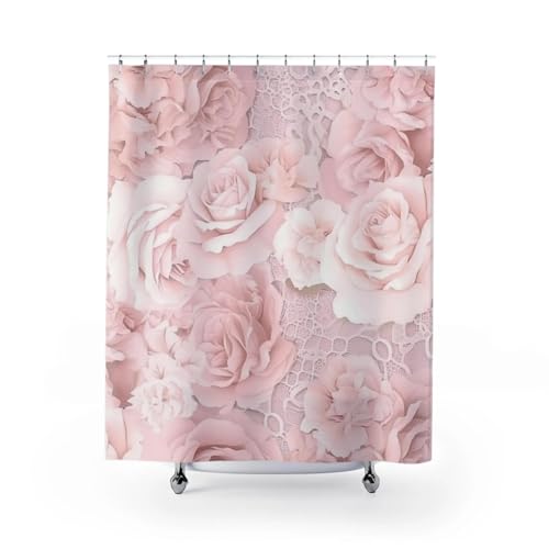 IXEHOH Rosa Blumen-Duschvorhänge – Badezimmervorhang aus Polyestergewebe,Frühlingsblumen-Dekor für Mädchen-Duschvorhänge mit 12 Haken,200 x 160 cm (B x H) von IXEHOH