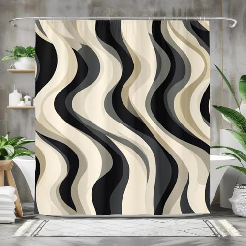 IXEHOH Schwarz-Beiger Abstrakter Duschvorhang,Badevorhang aus Polyestergewebe,moderner,gewellter,neutraler Badezimmervorhang,waschbar,90 x 180 cm (B x H) von IXEHOH