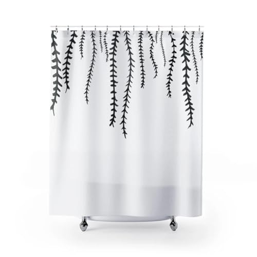 IXEHOH Schwarz-weißer Duschvorhang im Landhausstil mit Blättern und Zweigen,botanischer Boho-Duschvorhang,Natur-Badezimmerdekor,200 x 235 cm (B x H) von IXEHOH