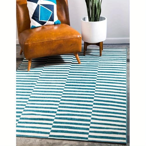 IXEHOH Ultraweiche Bohemian-Teppiche – rutschfeste Gummirückseite, maschinenwaschbarer Teppich mit geometrischen Streifen, blaugrüner und weißer Teppich (180 x 200 cm) von IXEHOH