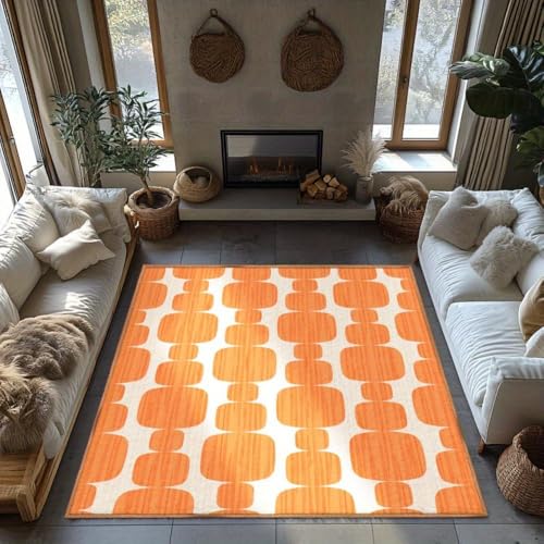 IXEHOH waschbare Teppiche, Retro-Wohnzimmerteppich, Rutschfester Teppich in Orange und Creme, geometrische Schlafzimmerteppiche, moderner Eingangsteppich aus der Mitte des Jahrhunderts (150 x 210 cm) von IXEHOH