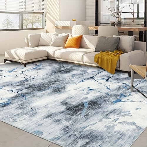 Maschinenwaschbarer moderner Abstrakter Teppich – Rutschfester, niedrigfloriger, ultradünner, weicher Polyester-Teppich in Blau und Grau für Wohnzimmer, Schlafzimmer (140 x 200 cm) von IXEHOH