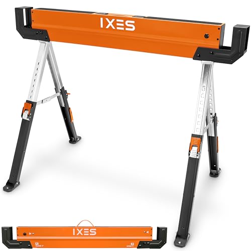 IXES Arbeitsbock höhenverstellbar | Profi Sägebock | max. 600 kg Traglast | Arbeitshöhe 618-820 mm | Metall Klappbock | Anti-Rutsch-Beschichtung | Metallbock, Unterstellbock, Gerüstbock, Untergestell von IXES