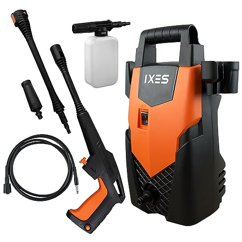 IXES Hochdruckreiniger IX-PRC1400 inkl. Zubehör | max. 110 bar Druck | 1400W Leistung | 408 L/h | Selbstansaugfunktion | Aluminiumpumpe | 3m Hochdruckschlauch | Druckreiniger mit Quick-Connect-System von IXES
